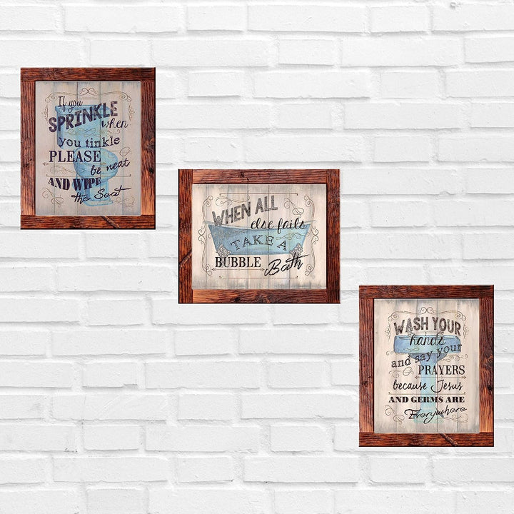 Bathroom"Humor" Funny Bathroom Decor Set (3) 8 x10"s Wall Decor. Rustic, Distressed Wall Prints-Ready To Frame."Tinkles, Prayers &amp; Bubbles"-Wood Sign Replicas. Fun Reminders For Kids-Guest Bath.