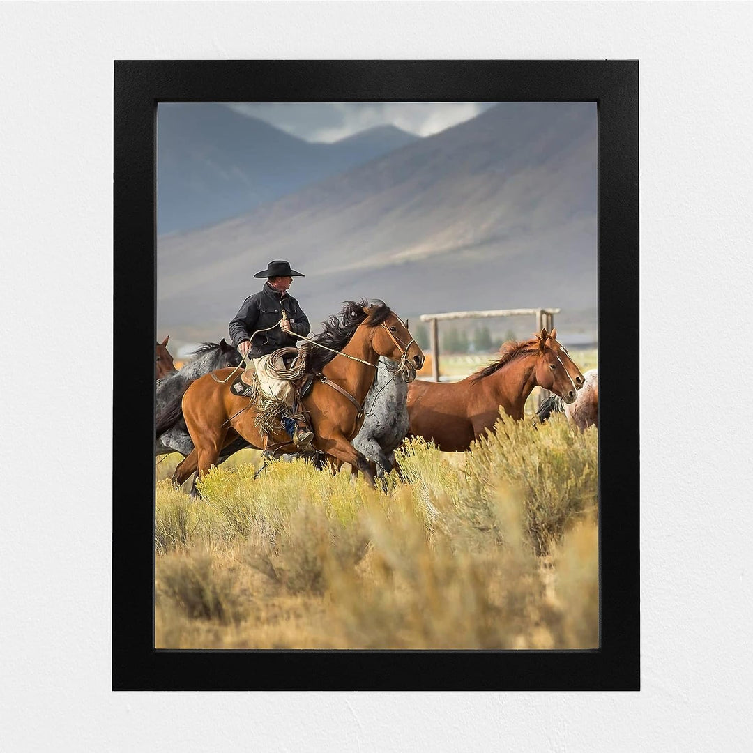 Cowboy Rounding Up Horses- Western Wall Art Sign- 10 x 8"- Mountain Landscape Photo Print -Ready to Frame. Country Rustic Decor for Home-Lodge-Camp-Cabin. Great Gift for Cowboys &amp; Horse Lovers!