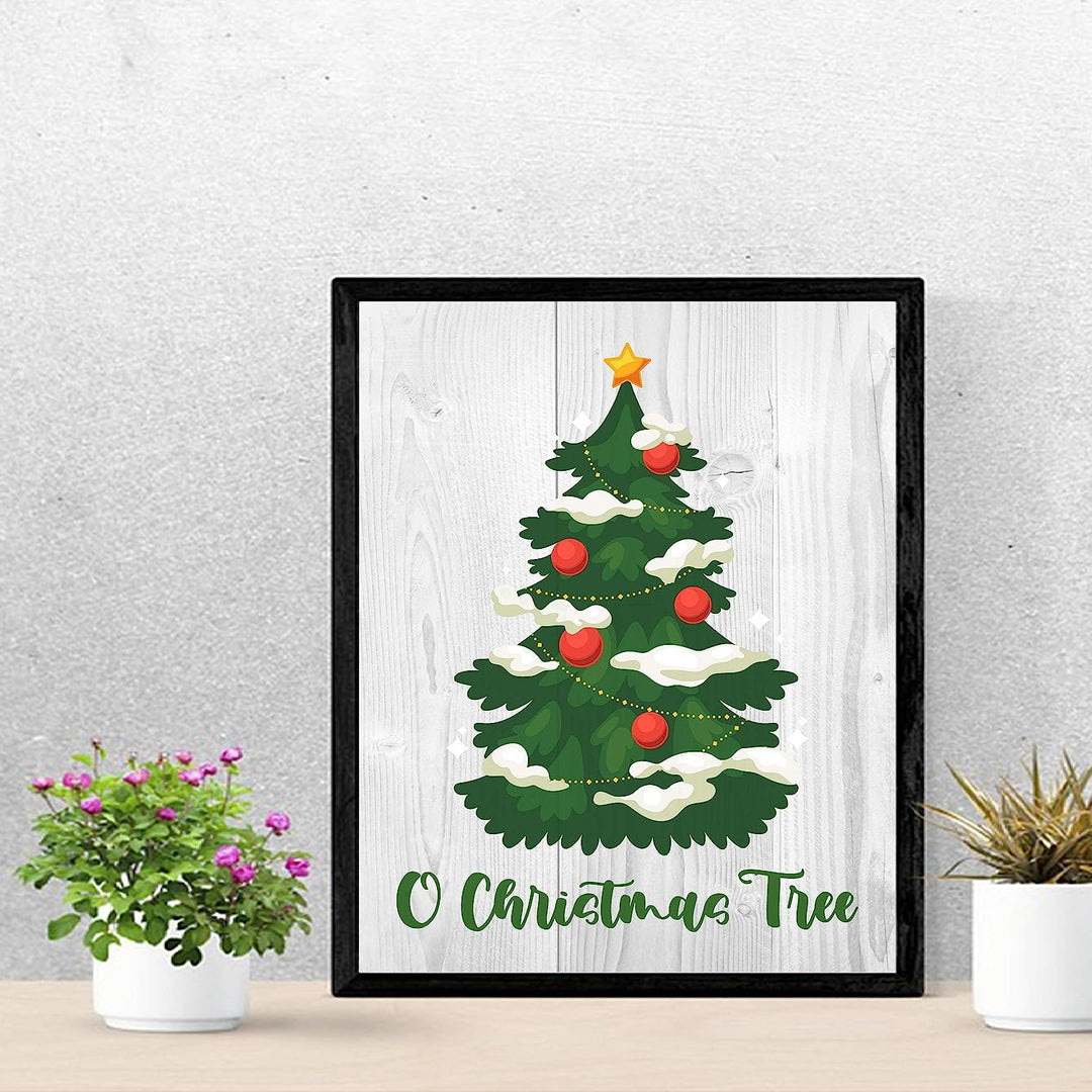 O Christmas Tree Holiday Song Art- Rustic Farmhouse Decor -11 x 14" Christmas Tree Wall Print w/Replica Wood Design-Ready to Frame. Perfect Home-Kitchen-Welcome-Entryway Decor. Printed on Paper.