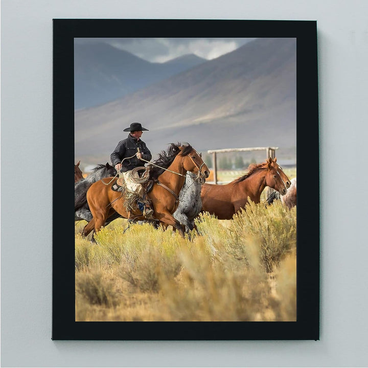Cowboy Rounding Up Horses- Western Wall Art Sign- 10 x 8"- Mountain Landscape Photo Print -Ready to Frame. Country Rustic Decor for Home-Lodge-Camp-Cabin. Great Gift for Cowboys &amp; Horse Lovers!