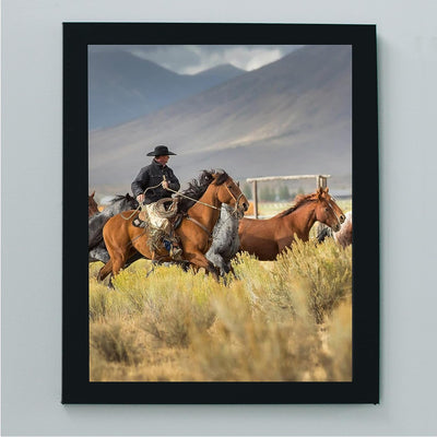 Cowboy Rounding Up Horses- Western Wall Art Sign- 10 x 8"- Mountain Landscape Photo Print -Ready to Frame. Country Rustic Decor for Home-Lodge-Camp-Cabin. Great Gift for Cowboys & Horse Lovers!