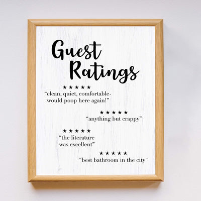 Guest Ratings-Best Bathroom in the City-Funny Bathroom Sign-11 x 14" Modern Wall Art Print w/Replica Wood Design-Ready to Frame. Humorous Decor for Home-Office-Guest Bathroom! Printed on Paper.