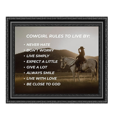 Cowgirl Rules to Live By- Western Wall Art Sign- 10 x 8"- Woman Riding Horse in Mountains Photo Print -Ready to Frame. Country Rustic Decor for Home-Lodge-Camp-Cabin. Great Gift for All Cowgirls!