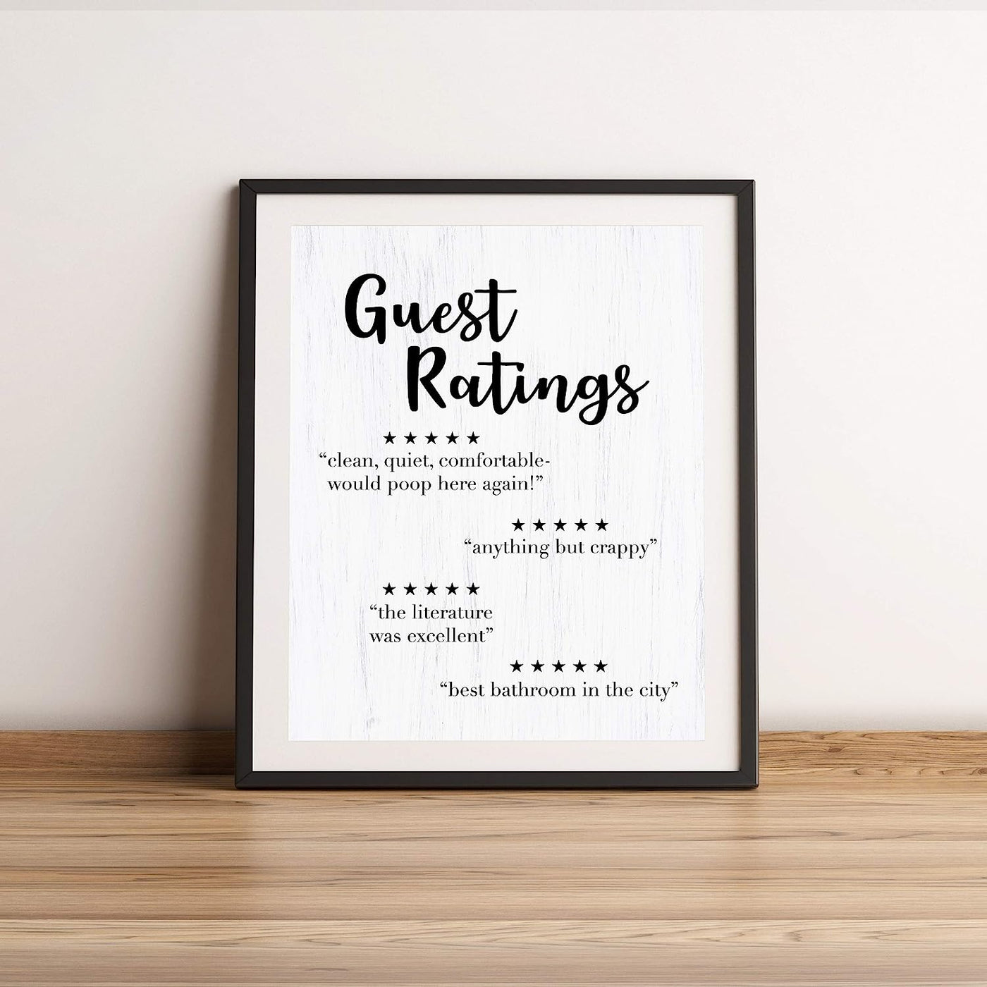 Guest Ratings-Best Bathroom in the City-Funny Bathroom Sign-11 x 14" Modern Wall Art Print w/Replica Wood Design-Ready to Frame. Humorous Decor for Home-Office-Guest Bathroom! Printed on Paper.