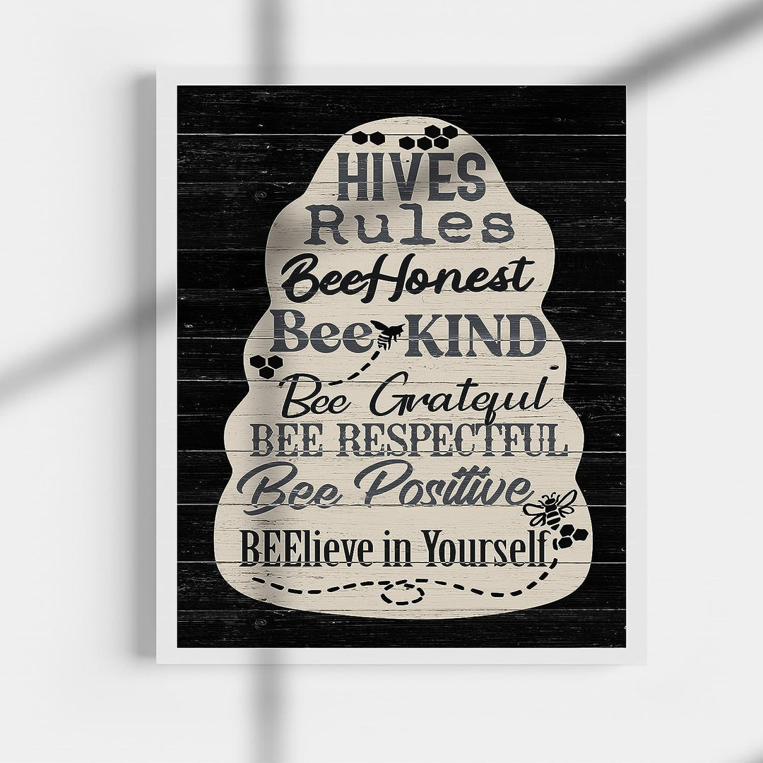 Hives Rules-Bee Honest, Kind- Inspirational Family Wall Sign- 11 x 14" Rustic Bee Hive Wall Art Print -Ready to Frame. Country-Farmhouse Decor for Home-Cabin-Lodge. Great Reminders &amp; Life Lessons!