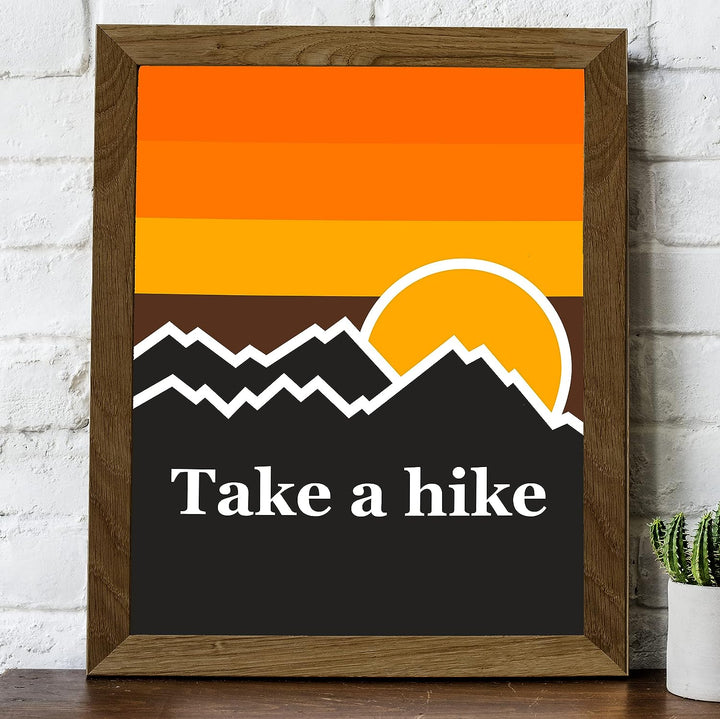 Take A Hike- Rustic Cabin Wall Decor -8 x 10" Retro Sunset Mountains Print-Ready to Frame. Perfect Wall Decor for Lake House-Lodge. Humorous Reminder to Get Out &amp; Enjoy the Great Outdoors!