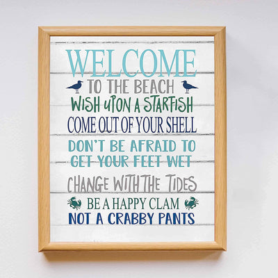 Welcome to the Beach Inspirational Beach-Ocean Themed Sign-11 x 14" Wall Art Print-Ready to Frame. Rustic Distressed Wood Design. Perfect Home-Beach House-Nautical Decor! Printed on Paper-Not Wood.