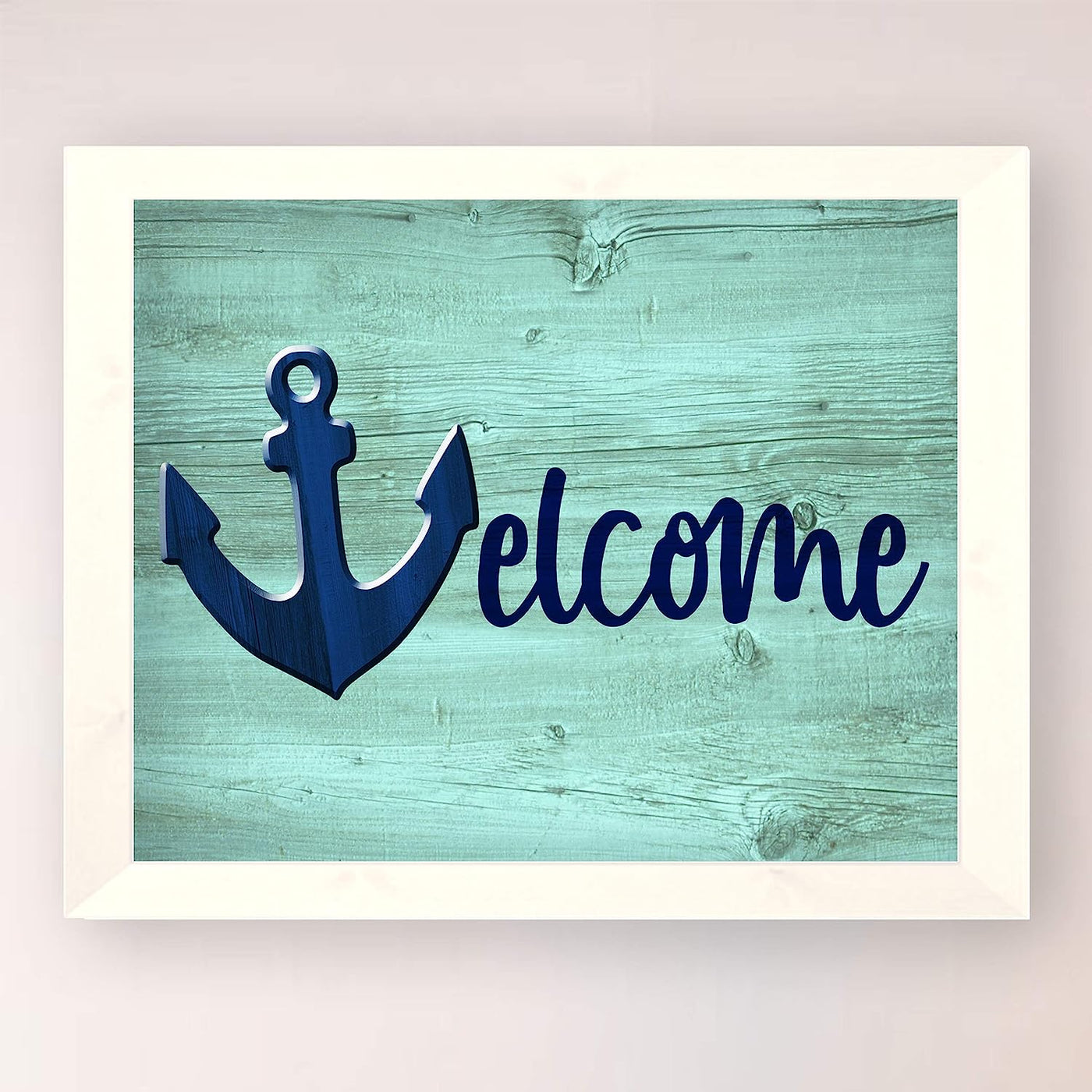 Welcome Rustic Beach Wall Sign -10 x 8" Ocean Themed Anchor Print w/Replica Wood Design-Ready to Frame. Fun Vacation Decor for Home-Cabin-Beach House. Great Nautical Gift! Printed on Photo Paper.
