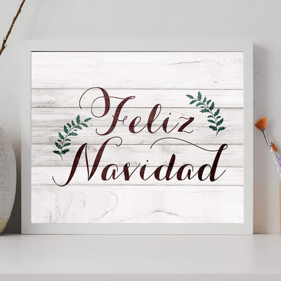 Feliz Navidad Rustic Holiday Sign -14 x 11" Festive Merry Christmas Wall Art Print w/Replica Wood Design-Ready to Frame. Typographic Home-Kitchen-Farmhouse-Welcome Decor. Printed on Paper.