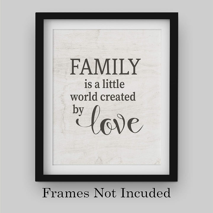 Family Is A Little World Created By Love Inspirational Wall Sign -8 x 10" Rustic Typographic Art Print w/Replica Wood Design-Ready to Frame. Loving Decor for Home-Office-Farmhouse. Great Gift!