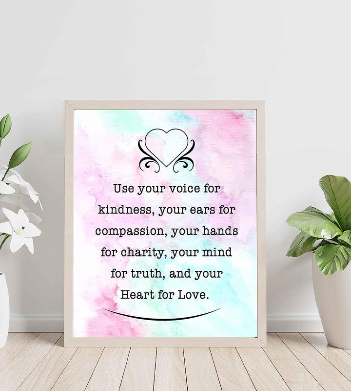 Use Your Voice For Kindness-Heart For Love-Inspirational Quotes Wall Art- 8 x 10" Modern Typographic Print-Ready to Frame. Positive Home-Office-School Decor. Perfect Gift to Inspire Kindness!