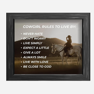 Cowgirl Rules to Live By- Western Wall Art Sign- 10 x 8"- Woman Riding Horse in Mountains Photo Print -Ready to Frame. Country Rustic Decor for Home-Lodge-Camp-Cabin. Great Gift for All Cowgirls!