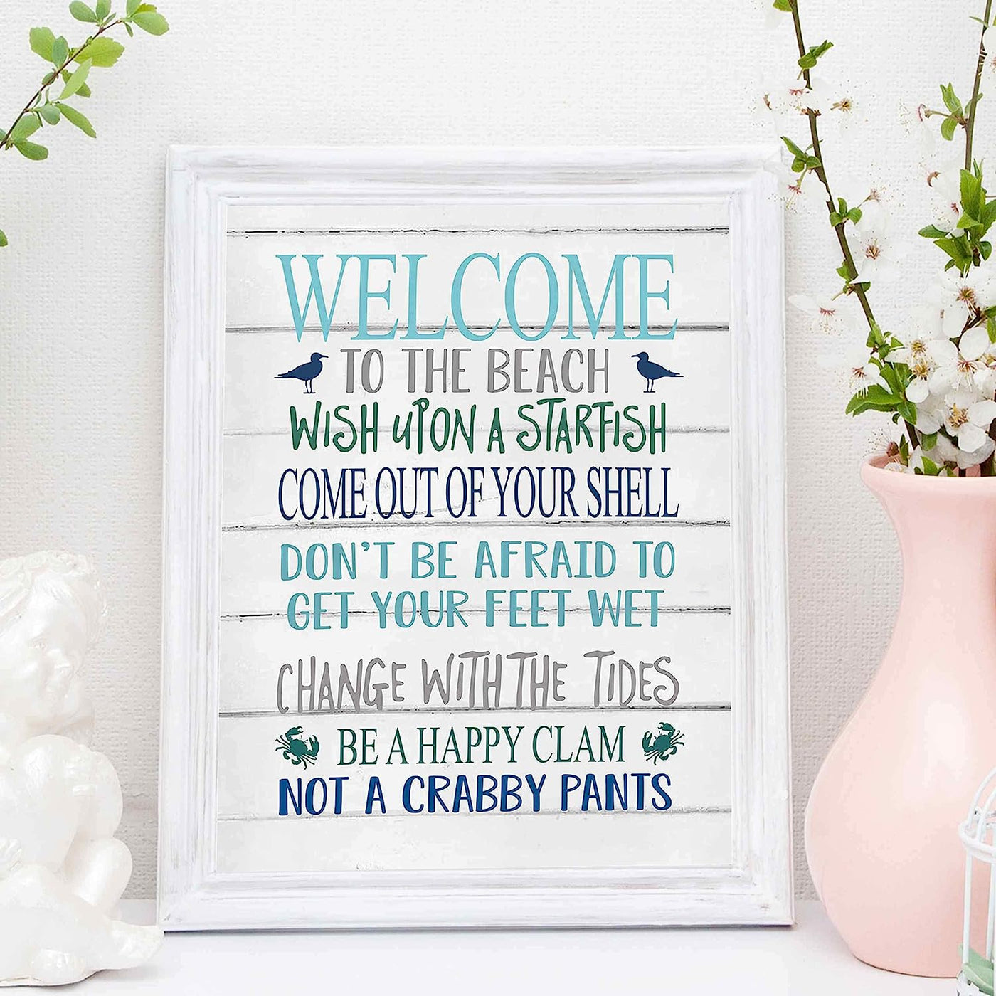 Welcome to the Beach Inspirational Beach-Ocean Themed Sign-11 x 14" Wall Art Print-Ready to Frame. Rustic Distressed Wood Design. Perfect Home-Beach House-Nautical Decor! Printed on Paper-Not Wood.