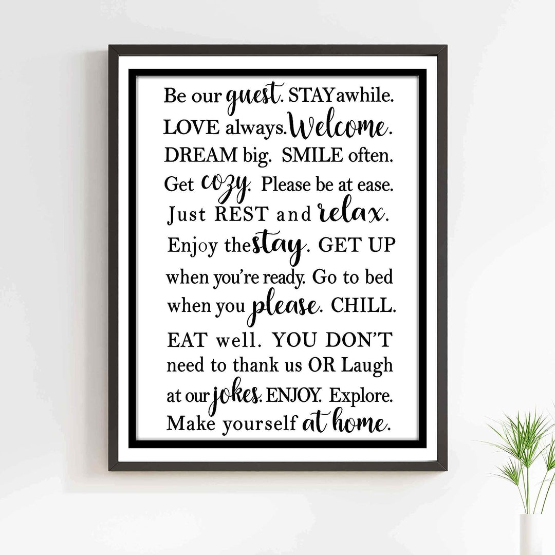Be Our Guest-Stay Awhile- Welcome Sign Wall Art -11 x 14" Modern Typographic Poster Print-Ready to Frame. Perfect Home-Guest Room-Cabin-B&amp;B-Lake-Beach House Decor. Inviting Message for Guests!