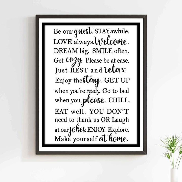 Be Our Guest-Stay Awhile- Welcome Sign Wall Art -11 x 14" Modern Typographic Poster Print-Ready to Frame. Perfect Home-Guest Room-Cabin-B&amp;B-Lake-Beach House Decor. Inviting Message for Guests!