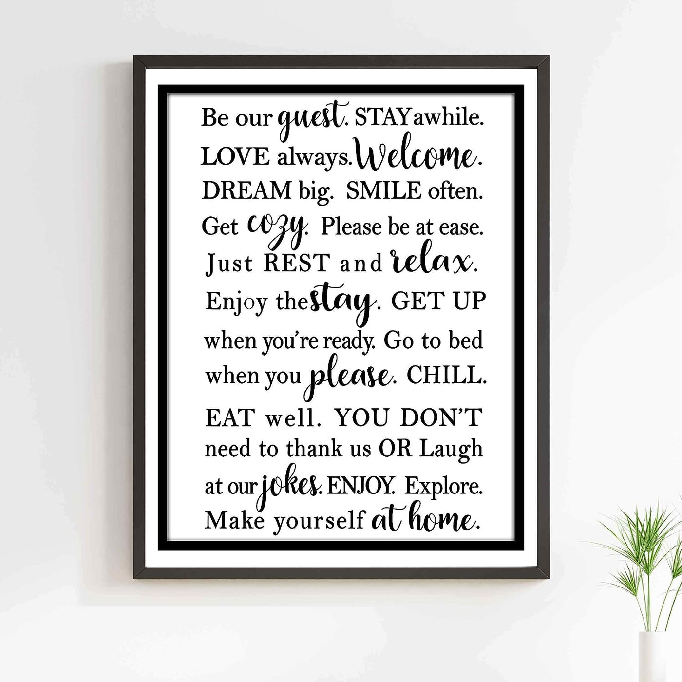 Be Our Guest-Stay Awhile- Welcome Sign Wall Art -11 x 14" Modern Typographic Poster Print-Ready to Frame. Perfect Home-Guest Room-Cabin-B&B-Lake-Beach House Decor. Inviting Message for Guests!