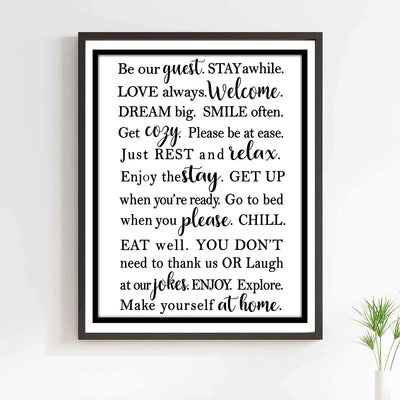 Be Our Guest-Stay Awhile- Welcome Sign Wall Art -11 x 14" Modern Typographic Poster Print-Ready to Frame. Perfect Home-Guest Room-Cabin-B&B-Lake-Beach House Decor. Inviting Message for Guests!