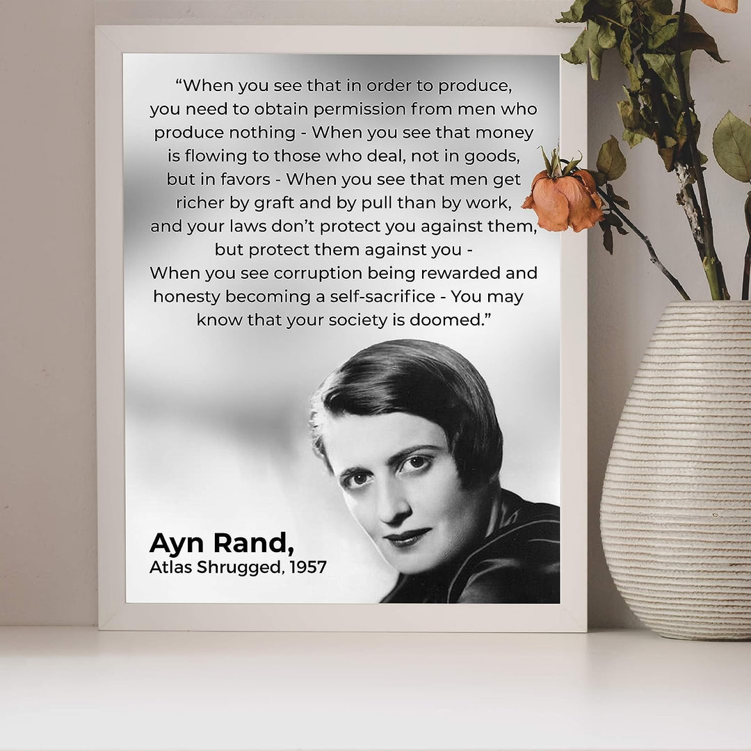 Ayn Rand Quotes-"Atlas Shrugged"-8 x 10" Typographic Political Wall Art Print w/Photo Image-Ready to Frame. Motivational Decor for Home-Office-Classroom-Library. Perfect Gift for History Fans!