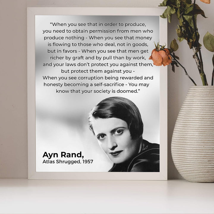 Ayn Rand Quotes-"Atlas Shrugged"-8 x 10" Typographic Political Wall Art Print w/Photo Image-Ready to Frame. Motivational Decor for Home-Office-Classroom-Library. Perfect Gift for History Fans!