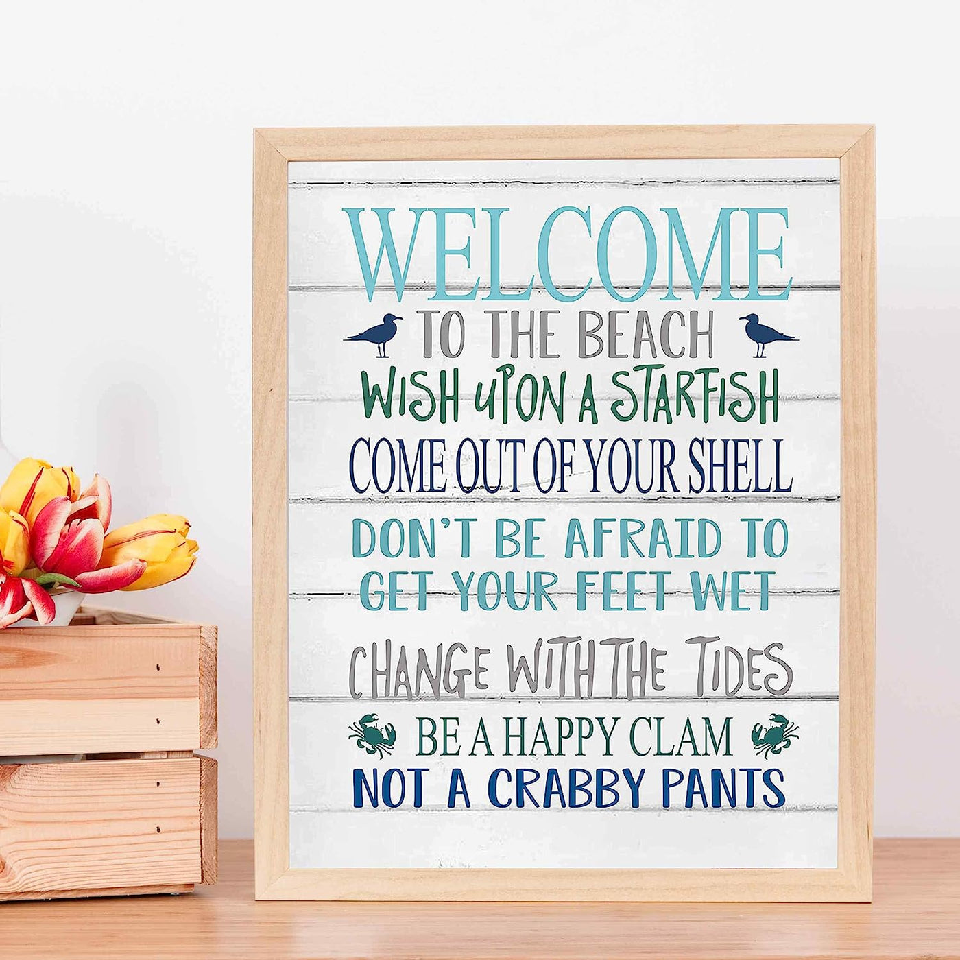 Welcome to the Beach Inspirational Beach-Ocean Themed Sign-11 x 14" Wall Art Print-Ready to Frame. Rustic Distressed Wood Design. Perfect Home-Beach House-Nautical Decor! Printed on Paper-Not Wood.