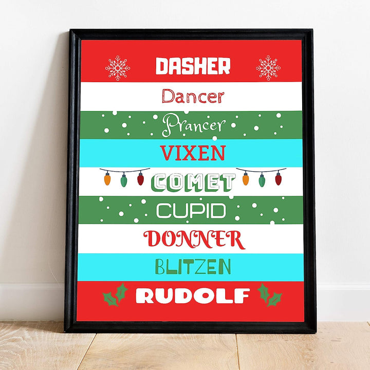 Dasher-Dancer-Prancer-Vixon Christmas Songs Wall Sign -11 x 14" Fun Holiday Art Print -Ready to Frame. Musical Home-Welcome-Kitchen-Farmhouse-Christian Decor. Festive Decoration and Great Gift!