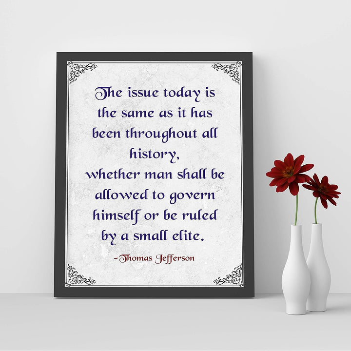 Thomas Jefferson-"Man Shall Govern Himself Or Be Ruled By Small Elite"-Presidential Quotes Wall Art-8x10" Typographic History Print-Ready to Frame. Patriotic Home-Office-Bar-Cave-Library Decor!