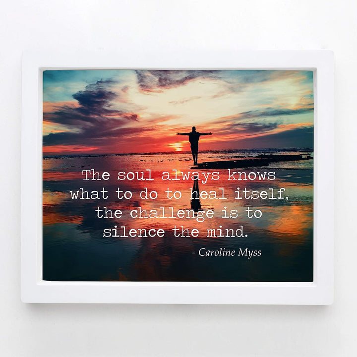The Challenge Is to Silence the Mind Motivational Quotes Wall Art -10 x 8" Typographic Beach Sunset Print-Ready to Frame. Home-Office-Yoga Studio-School Decor. Great Zen Advice for Meditation!