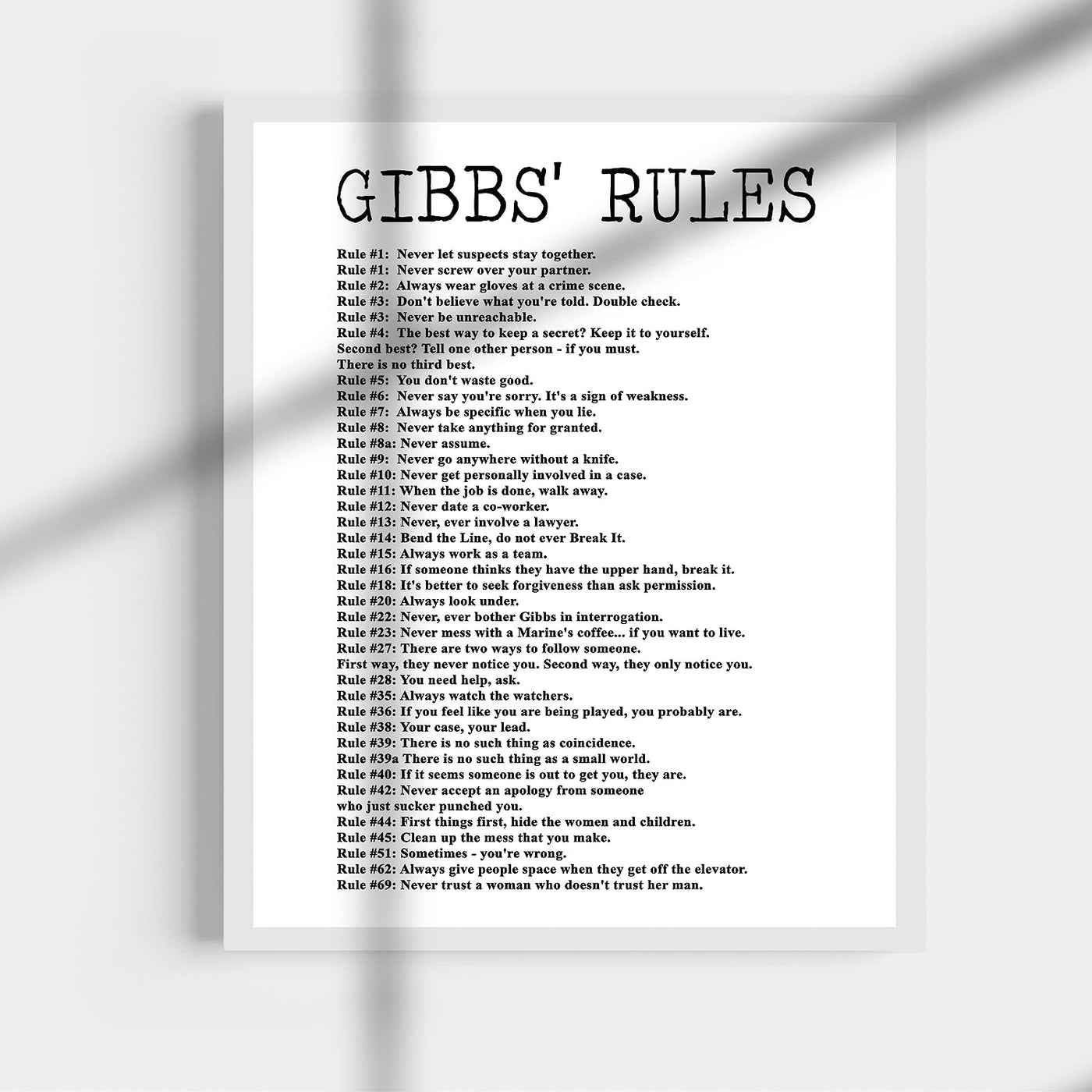 Gibbs' Rules- Funny Office Sign - 11 x 14" Wall Decor Print-Ready to Frame. Humorous Poster Print for Home-Office-Studio-Bar-Garage. Great Desk & Cubicle Sign. Perfect Novelty Gift for NCIS Fans!