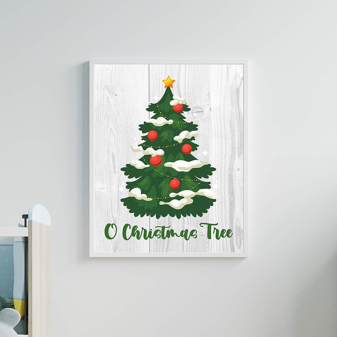O Christmas Tree Holiday Song Art- Rustic Farmhouse Decor -11 x 14" Christmas Tree Wall Print w/Replica Wood Design-Ready to Frame. Perfect Home-Kitchen-Welcome-Entryway Decor. Printed on Paper.