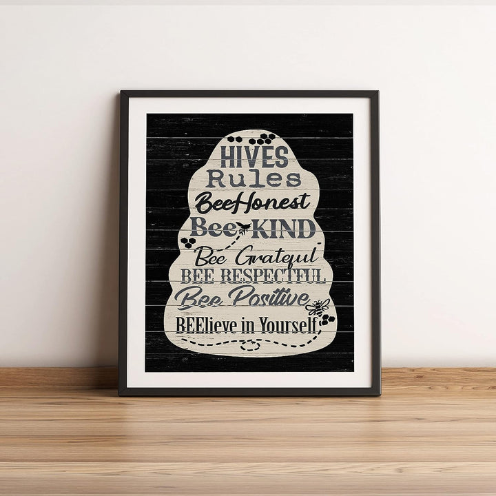 Hives Rules-Bee Honest, Kind- Inspirational Family Wall Sign- 11 x 14" Rustic Bee Hive Wall Art Print -Ready to Frame. Country-Farmhouse Decor for Home-Cabin-Lodge. Great Reminders &amp; Life Lessons!