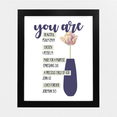 You ARE Beautiful-Chosen-Loved Bible Verse Collection-Wall Art-8x10"-Scripture Wall Print-Ready to Frame. Modern Art Floral Design. Home Decor-Office D?cor-Christian Gifts. Remind Her She's Special!