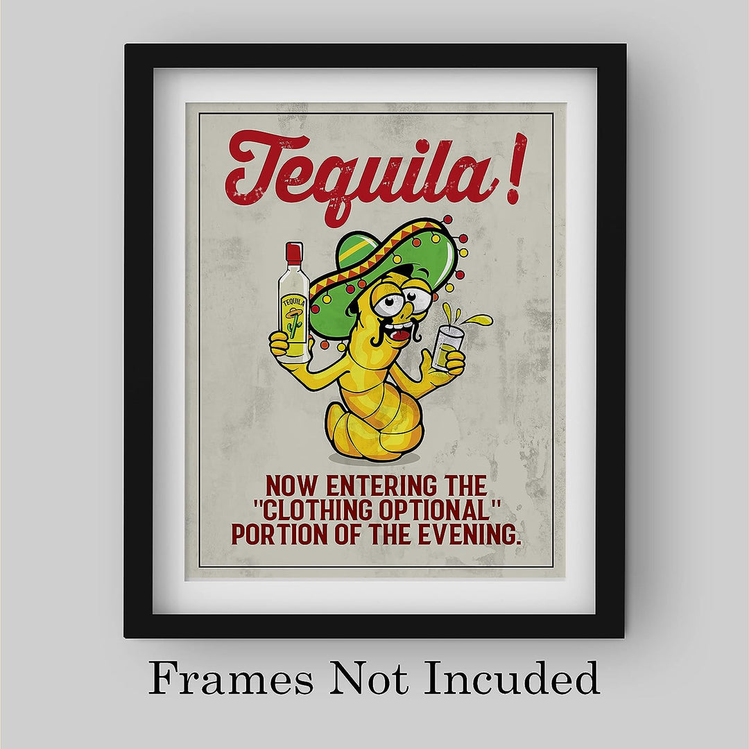 TEQUILA-Now Entering Clothing Optional Part of Evening-Funny Wall Art -8 x 10" Rustic Replica Sign Print-Ready to Frame. Home-Kitchen-Bar-Cave-Pub Decor. Fun Gift for Beer-Liquor-Alcohol Drinkers!