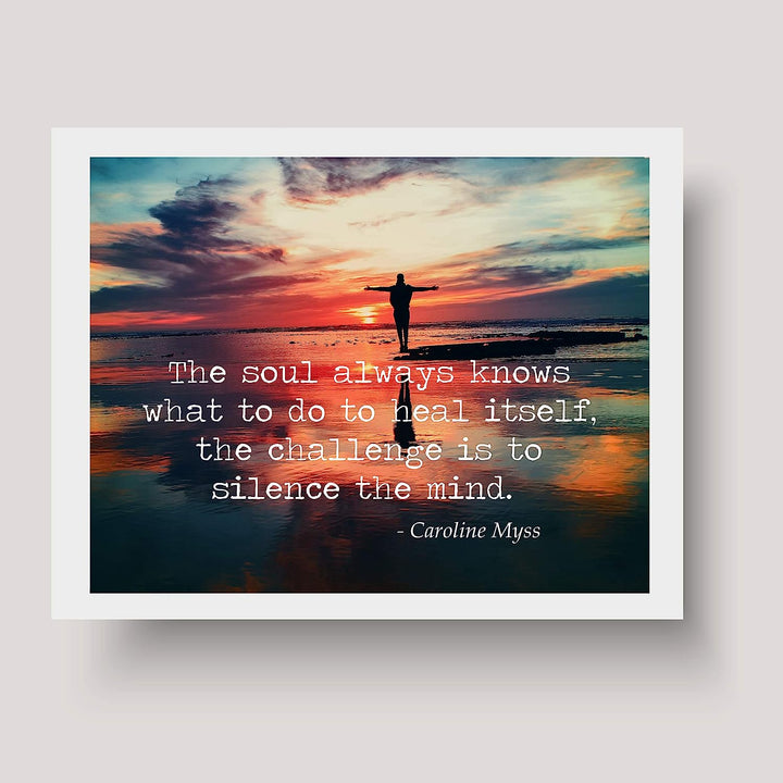 The Challenge Is to Silence the Mind Motivational Quotes Wall Art -10 x 8" Typographic Beach Sunset Print-Ready to Frame. Home-Office-Yoga Studio-School Decor. Great Zen Advice for Meditation!