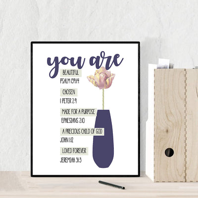 You ARE Beautiful-Chosen-Loved Bible Verse Collection-Wall Art-8x10"-Scripture Wall Print-Ready to Frame. Modern Art Floral Design. Home Decor-Office D?cor-Christian Gifts. Remind Her She's Special!