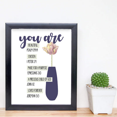 You ARE Beautiful-Chosen-Loved Bible Verse Collection-Wall Art-8x10"-Scripture Wall Print-Ready to Frame. Modern Art Floral Design. Home Decor-Office D?cor-Christian Gifts. Remind Her She's Special!