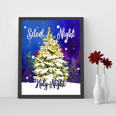 Silent Night-Holy Night Christmas Song Wall Art-8x10" Modern Holiday Music Print w/Cardinals in Tree-Ready to Frame. Home-Kitchen-Farmhouse-Winter Decor. Perfect Welcome Sign! Great Christian Gift!