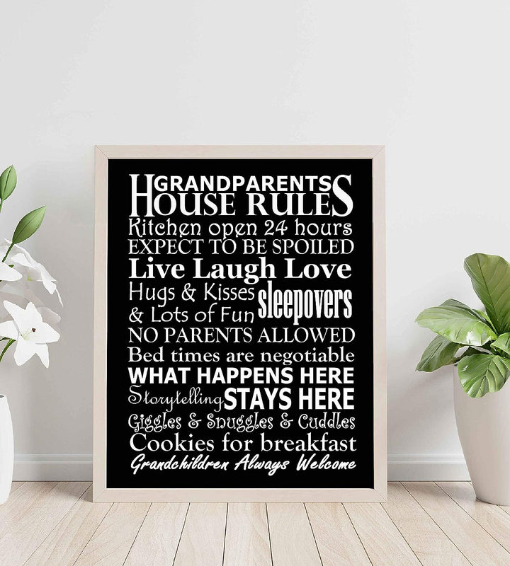 Grandparents-House Rules Family Wall Art -8 x 10" Funny Typographic Poster Print-Ready to Frame. Inspirational Home-Kitchen-Farmhouse Decor. Great Welcome Sign! Perfect Gift for Grandma &amp; Grandpa!