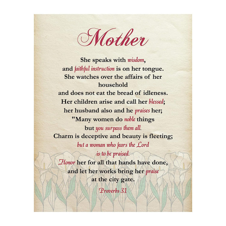 Mother- Honor &amp; Praise Proverbs 31- Bible Verse Art-8 x 10 Scripture Wall Art-Ready to Frame. Modern Typographic Floral Print. Home-Office D?cor. Lifetime Keepsake Gift for Any Mother &amp; In-Laws.