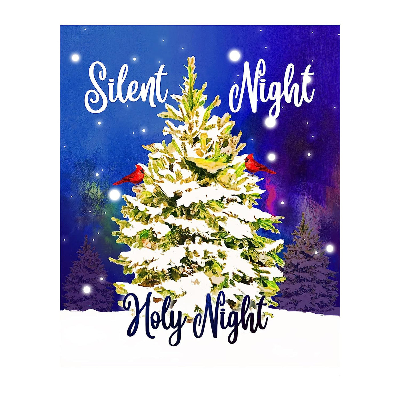 Silent Night-Holy Night Christmas Song Wall Art-8x10" Modern Holiday Music Print w/Cardinals in Tree-Ready to Frame. Home-Kitchen-Farmhouse-Winter Decor. Perfect Welcome Sign! Great Christian Gift!