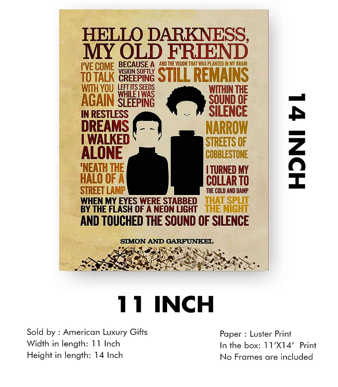 Simon &amp; Garfunkel-"The Sound of Silence"-Song Lyric Wall Art Sign -11 x 14" Distressed Typographic Music Print-Ready to Frame. Home-Studio-Bar-Man Cave Decor. Perfect for All Folk Rock Music Fans!