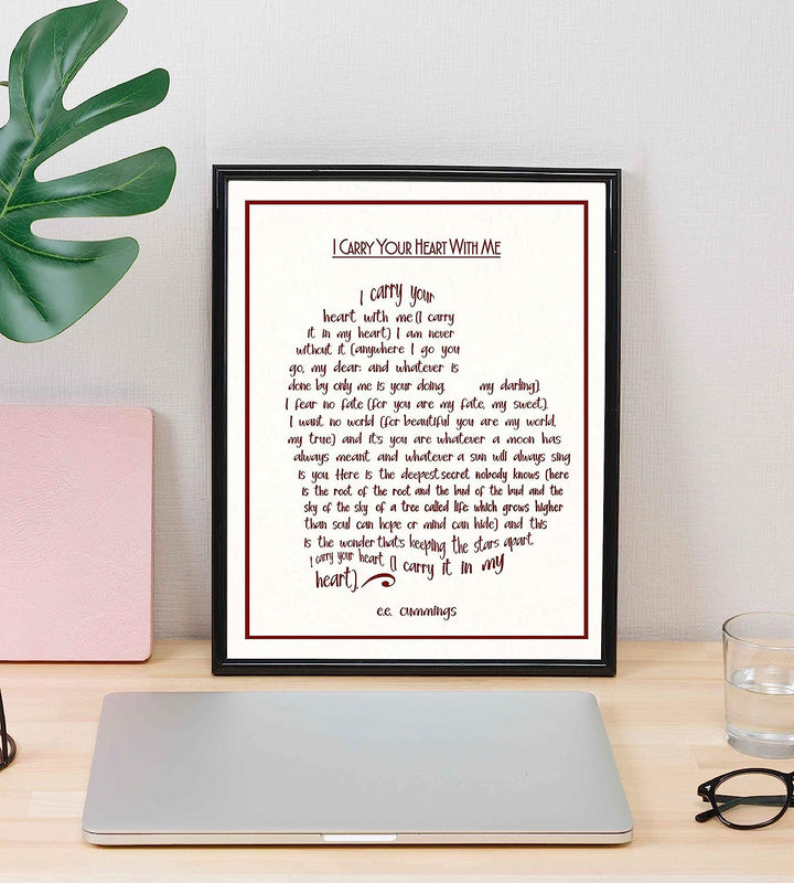 E. E. Cummings-"I Carry Your Heart With Me" Poetry Wall Sign-8 x 10" Heart Shaped Word Art Print-Ready To Frame. Home-Bedroom-Office Decor. Romantic Valentine-Wedding Gift! Great for Poetry Fans!