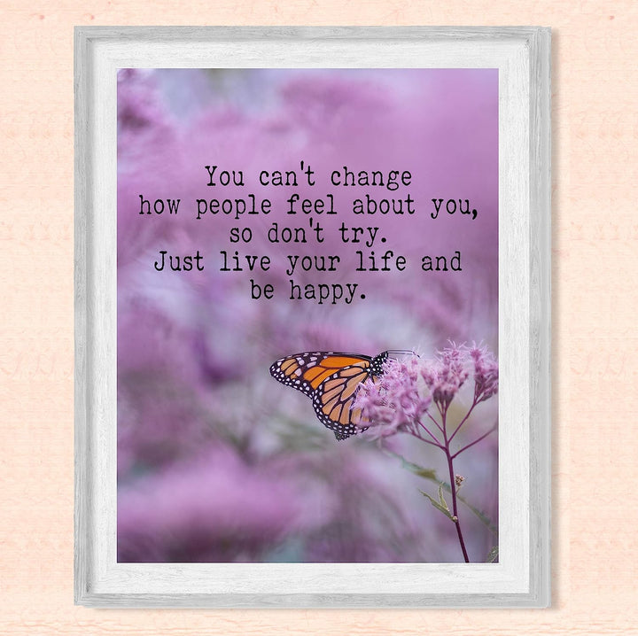 Just Live Your Life &amp; Be Happy-Inspirational Quotes Wall Art-8x10" Typographic Floral Print w/Butterfly Image-Ready to Frame. Motivational Home-Office-Studio-Dorm Decor. Great Advice for Happiness!