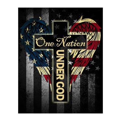 One Nation Under God- Patriotic American Flag Wall Art -8 x 10" Cross with Angel Wings Wall Decor Print -Ready To Frame. Christian Home-Office-Garage-Bar Decor. Show Your Love of God and USA!