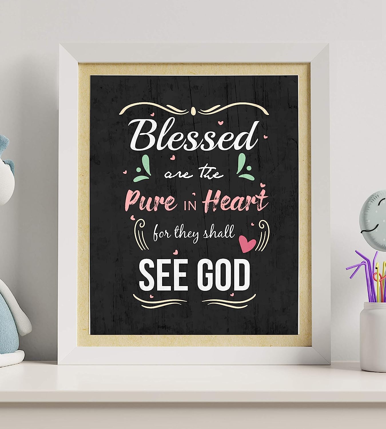 ?Blessed Are the Pure in Heart" Bible Verse Wall Art-8 x 10" Scripture Poster Print w/Distressed Wood Design-Ready to Frame. Inspirational Christian Decor for Home-Office-Church. Great Gift of Faith!