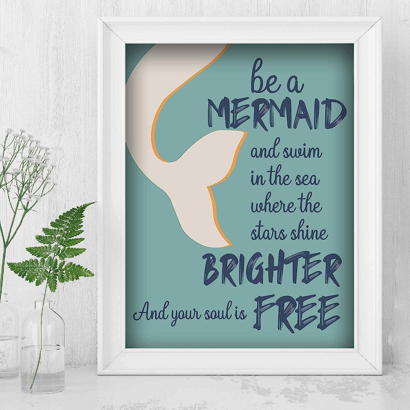 Be a Mermaid-Swim in the Sea Inspirational Beach Sign -8 x 10" Wall Print-Ready to Frame. Nautical Art Print w/Mermaid Tail Image. Home-Girls Bedroom-Ocean Themed Decor. Great for the Beach House!