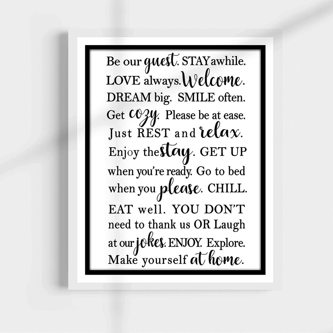 Be Our Guest-Stay Awhile- Welcome Sign Wall Art -11 x 14" Modern Typographic Poster Print-Ready to Frame. Perfect Home-Guest Room-Cabin-B&amp;B-Lake-Beach House Decor. Inviting Message for Guests!