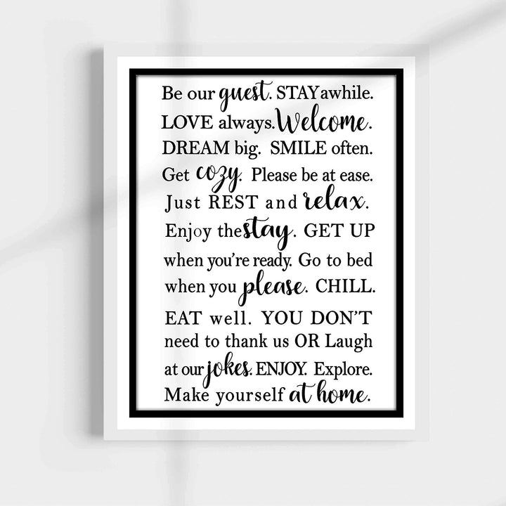 Be Our Guest-Stay Awhile- Welcome Sign Wall Art -11 x 14" Modern Typographic Poster Print-Ready to Frame. Perfect Home-Guest Room-Cabin-B&amp;B-Lake-Beach House Decor. Inviting Message for Guests!