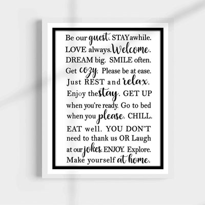 Be Our Guest-Stay Awhile- Welcome Sign Wall Art -11 x 14" Modern Typographic Poster Print-Ready to Frame. Perfect Home-Guest Room-Cabin-B&B-Lake-Beach House Decor. Inviting Message for Guests!