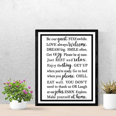 Be Our Guest-Stay Awhile- Welcome Sign Wall Art -11 x 14" Modern Typographic Poster Print-Ready to Frame. Perfect Home-Guest Room-Cabin-B&B-Lake-Beach House Decor. Inviting Message for Guests!