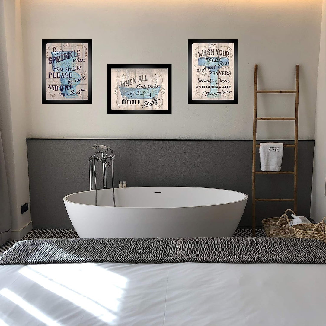 Bathroom"Humor" Funny Bathroom Decor Set (3) 8 x10"s Wall Decor. Rustic, Distressed Wall Prints-Ready To Frame."Tinkles, Prayers &amp; Bubbles"-Wood Sign Replicas. Fun Reminders For Kids-Guest Bath.